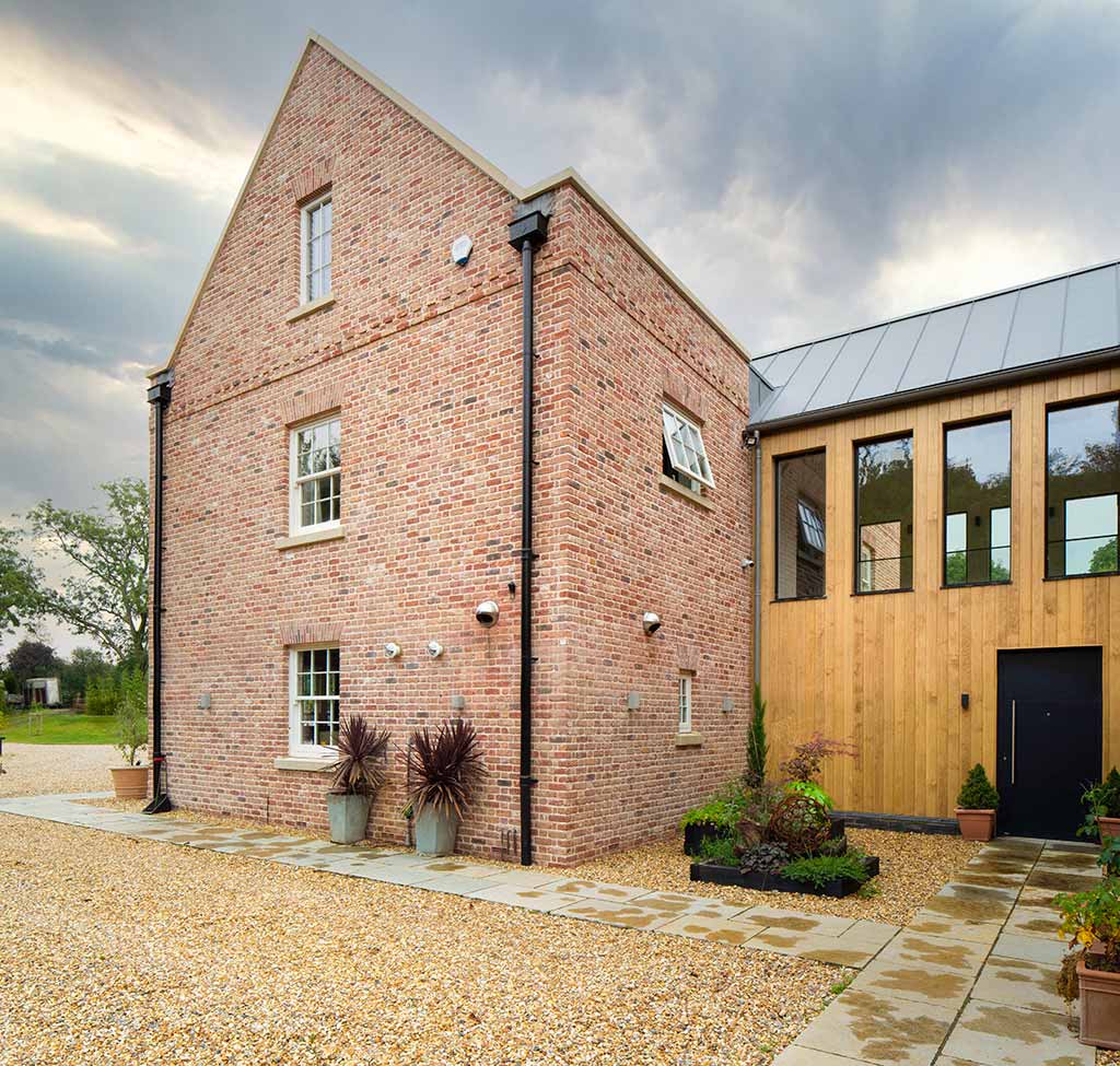 Timber frame house side view close up