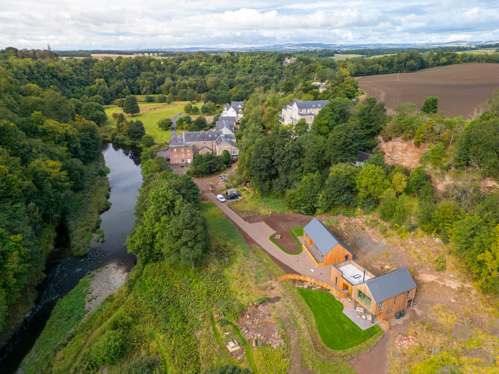 Aerial view of The Quarry self-build home above the Whiteadder River