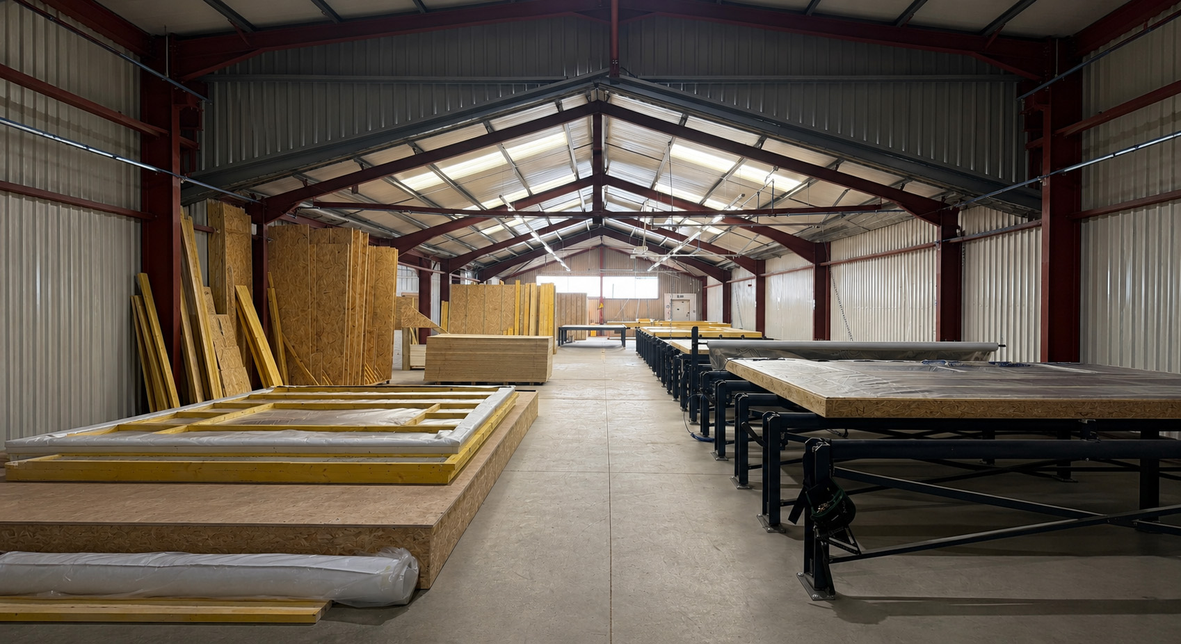Timber frame panels under covered factory conditions, protected from weather